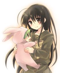  1boy alastor_(shakugan_no_shana) animal_costume black_hair brown_eyes commentary_request female jewelry justus long_hair misaki_high_school_uniform pendant photoshop_(medium) rabbit_costume school_uniform serafuku shakugan_no_shana shana tachitsu_teto 