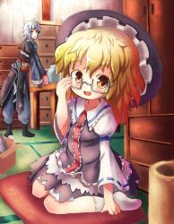  1boy ahoge bespectacled blonde_hair blush commentary_request female frills glasses grey_hair hakkotsu_shitai hat kirisame_marisa lolicon long_hair long_sleeves morichika_rinnosuke open_mouth pot pouch short_hair table touhou witch_hat yellow_eyes 