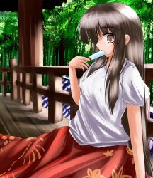  bamboo bamboo_forest black_hair breasts brown_eyes commentary_request covered_nipples female food food_in_mouth forest houraisan_kaguya long_hair medium_breasts nature popsicle shirt sitting skirt solo t-shirt touhou tsuzuri_(tuzuri) very_long_hair white_shirt 