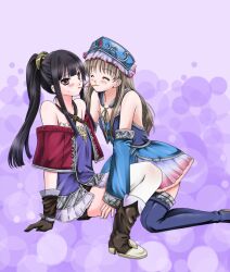  2girls atelier_(series) atelier_meruru atelier_totori bad_id bad_pixiv_id bare_shoulders black_hair blue_footwear blue_sleeves blush boots brown_eyes brown_hair detached_sleeves dress food hair_ornament hat mimi_houllier_von_schwarzlang multiple_girls pocky pocky_kiss ponytail shared_food shorts sii_ponzu thighhighs totooria_helmold yuri zettai_ryouiki 