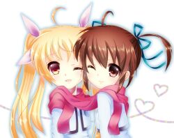  2girls bad_id bad_pixiv_id blonde_hair bow brown_eyes brown_hair fate_testarossa hair_ribbon hairbow heart long_hair lyrical_nanoha mahou_shoujo_lyrical_nanoha multiple_girls one_eye_closed red_eyes ribbon scarf school_uniform seishou_elementary_school_uniform shared_clothes shared_scarf short_twintails smile takamachi_nanoha twintails umeko_(koori_ume) 