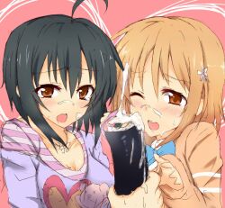  2girls ahoge bad_id bad_pixiv_id black_hair brown_eyes brown_hair food food_on_face idolmaster idolmaster_cinderella_girls kohinata_miho makizushi mimura_kanako multiple_girls nakatama_kyou one_eye_closed open_mouth sexually_suggestive sushi wince 