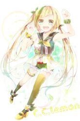  :d aqua_eyes bad_id bad_pixiv_id blonde_hair c.c._lemon c.c._lemon_(character) character_name copyright_name female gradient_legwear green_shorts highres long_hair multicolored_clothes multicolored_legwear open_mouth shain_roki short_shorts shorts single_thighhigh smile solo thigh_strap thighhighs twintails uneven_twintails 