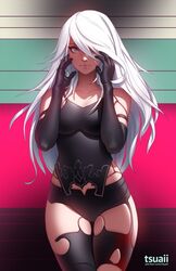  1girls android black_gloves elbow_gloves fair-skinned_female fair_skin female female_focus female_only hair_over_one_eye joints light-skinned_female light_skin lips long_hair looking_at_viewer nier nier:_automata silver_hair solo solo_female solo_focus standing tsuaii yorha_a2 