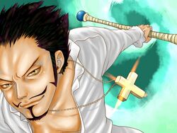  1boy animal_eyes black_hair chinstrap dracule_mihawk facial_hair jewelry kogatana kuraigana_island male male_focus moustache necklace one_piece open_clothes open_shirt shichibukai shirt solo sword weapon x_(symbol) yellow_eyes 