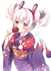  amamine animal_ears azur_lane bad_id bad_pixiv_id blue_kimono blush bow candy_apple commentary_request covered_mouth double_bun female fingernails floral_print food hair_between_eyes hair_bun hair_ornament hairband hairbow holding holding_food japanese_clothes kimono kinchaku laffey_(azur_lane) laffey_(snow_rabbit_and_candy_apple)_(azur_lane) long_sleeves looking_at_viewer obi official_alternate_costume pouch print_kimono rabbit_ears red_bow red_eyes red_hairband sash signature simple_background solo white_background white_hair wide_sleeves 