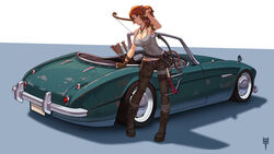  absurdres arm_support arrow_(projectile) bare_shoulders black_footwear black_pants boots bow breasts brown_gloves brown_hair camisole car cleavage closed_mouth collarbone commentary convertible cross-laced_footwear female fingerless_gloves gloves green_car grey_camisole highres ice_axe lace-up_boots lara_croft long_hair looking_away medium_breasts motor_vehicle pants purple_eyes quiver shadow single_fingerless_glove single_glove solo standing tomb_raider tomb_raider_(reboot) vehicle_focus vehicle_request white_background zhanghan 