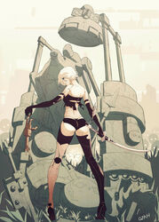  a2_(nier:automata) after_battle back elbow_gloves female from_behind gloves high_heels highres joints looking_at_viewer looking_back machine_(nier) nier:automata nier_(series) ozkh robot robot_joints short_hair short_shorts shorts standing sword thong underbutt weapon white_hair 