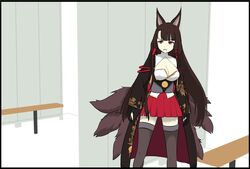  akagi_(azur_lane) alt_text angry animal_ears azur_lane black_legwear breasts brown_hair cleavage cleavage_cutout clenched_teeth clothing_cutout coat commentary english_commentary female fox_ears fox_tail gachimuchi highres large_breasts leatherclub_scene_(meme) locker locker_room meme open_clothes open_coat parallelrey red_eyes red_skirt skirt standing tail teeth van_darkholme 