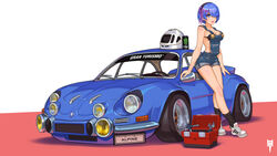  :d absurdres alpine_(carmaker) alpine_a110 bikini bikini_top_only bikini_under_clothes black_bikini black_hairband black_socks blue_eyes blue_hair breasts car cleavage commentary english_commentary female hair_ornament hair_over_one_eye hair_ribbon hairband hairclip highres medium_breasts motor_vehicle overall_shorts overalls pink_ribbon race_vehicle racecar rally_car re:zero_kara_hajimeru_isekai_seikatsu rem_(re:zero) renault ribbon shadow shoes short_hair smile socks solo sports_car swimsuit toolbox vehicle_focus white_background white_footwear wrench x_hair_ornament zhanghan 