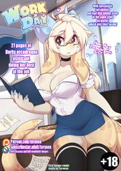  artist_name bespectacled black-framed_eyewear black_eyes breasts choker cleavage commentary cover day english_commentary female furry furry_female glasses highres horns indoors large_breasts long_hair looking_away nami_(teranen) office_lady original parted_lips patreon_username semi-rimless_eyewear shirt short_sleeves solo subscribestar_username teranen unbuttoned unbuttoned_shirt under-rim_eyewear web_address white_hair white_shirt window 