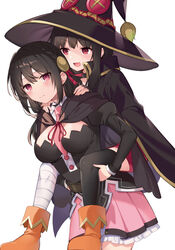  2girls bandaged_leg bandages black_cloak black_hair black_headwear blush boots braid breasts brown_footwear carrying carrying_person cloak crown_braid fingerless_gloves gloves hair_ornament hands_on_another&#039;s_shoulders hat highres juliet_sleeves kono_subarashii_sekai_ni_bakuen_wo! kono_subarashii_sekai_ni_shukufuku_wo! large_breasts layered_skirt long_hair long_sleeves looking_at_viewer megumin mishima_kurone multiple_girls necktie official_art piggyback pink_necktie pink_skirt puffy_sleeves red_eyes red_pupils second-party_source sidelocks simple_background single_thighhigh skirt smile thighhighs white_background witch_hat yunyun_(konosuba) 