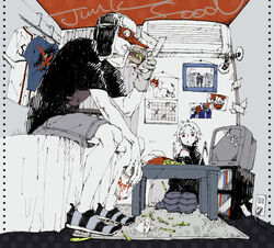  1boy air_conditioner asahi_(uwa) bed book broken burger calendar_(object) commentary_request cracked_screen crt dorohedoro drink eating ebisu_(dorohedoro) electrical_outlet en_(dorohedoro) female food french_fries fujita_(dorohedoro) gloves hat indoors kikurage_(dorohedoro) looking_at_viewer mask monochrome noi_(dorohedoro) open_mouth photo_(object) photoshop_(medium) pointy_footwear room rug shin_(dorohedoro) shirt shoes short_hair shorts single_glove sitting spot_color t-shirt tape television 