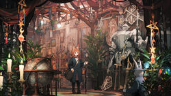  animal_ears armor bag banner black_jacket black_legwear blue_eyes bottle bow bowtie brown_hair candle candlestand clock coat commentary_request crossed_swords fantasy female globe hanging_plant highres indoors jacket jean_popo loaded_interior long_coat messenger_bag original plant polearm potted_plant rabbit shelf shield shoulder_bag solo_focus spear staff star_(symbol) sword weapon weapon_rack 