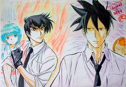  2boys akutabe azazel black_hair blue_eyes blue_hair crossover female gloves jigoku_sensei_nube kagami_takahiro marker_(medium) multiple_boys necktie nueno_meisuke red_eyes solo sweatdrop traditional_media yondemasu_yo_azazel-san. yondemasuyo_azazel-san yukime yukime_(jigoku_sensei_nube) 