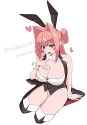  adjusting_bra adjusting_clothes animal_ears bare_shoulders black_thighhighs blush borrowed_character bow bowtie bra breasts cleavage collar detached_collar fake_animal_ears female full_body hair_intakes hand_on_floor hand_on_own_chest heart highres imahio0 large_breasts leotard long_hair looking_at_viewer miton-chan_(miton_(turuyasann)) oerba_yun_fang open_mouth original pink_eyes pink_hair playboy_bunny rabbit_ears simple_background sitting solo strapless thighhighs two_side_up underwear wariza white_background white_leotard wrist_cuffs 