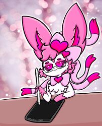  anthro bow_ribbon eeveelution eyewear female generation_6_pokemon glasses hair heart_symbol hi_res lewdchuu_(artist) nintendo pencil_(object) pink_eyes pink_hair pokemon pokemon_(species) solo sylveon tablet white_body 