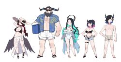  aqua_hair aradia_ravencroft arm_hair bikini black_bikini black_hair breasts chest_hair chibi colored_inner_hair commentary dasdokter demon_horns english_commentary family height_difference highres hololive hololive_english horns large_breasts malpha_ravencroft malphis_ravencroft_ii mamarissa mole mole_under_eye multicolored_hair multiple_girls paparissa sarong short_shorts shorts siblings sisters swimsuit virtual_youtuber wavy_hair white_sarong 