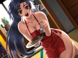  :d apron blue_hair breasts cleavage dutch_angle female food fork game_cg green_eyes holding holding_fork isaku large_breasts long_hair looking_at_viewer naked_apron pasta ponytail seiza serizawa_mio sitting smile solo spaghetti yokota_mamoru 