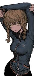  amane_suzuha arms_up bike_shorts braid breasts brown_hair closed_mouth cowboy_shot female hasu_art highres jacket long_sleeves looking_at_viewer simple_background small_breasts smile solo standing steins;gate track_jacket twin_braids white_background yellow_eyes zipper zipper_pull_tab 