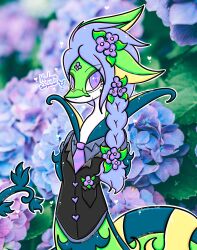  anthro clothing eyewear flower generation_5_pokemon glasses green_body hair hi_res lewdchuu_(artist) male necktie nintendo plant pokemon pokemon_(species) purple_eyes purple_hair serperior shiny_pokemon solo uniform 