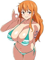  arm_behind_back arm_tattoo bikini blush breasts brown_eyes cleavage collarbone curvy earrings female green_bikini grin hand_up highres huge_breasts jewelry kagemusha long_hair looking_at_viewer nami_(one_piece) navel ok_sign one_piece orange_hair pearl_earrings simple_background smile solo stomach striped_bikini striped_clothes swimsuit tattoo very_long_hair white_background 