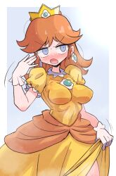  blue_background blue_eyes blush border breasts brown_hair clothes_lift crown dress dress_lift earrings fanning_self female flipped_hair flower_brooch flower_earrings gloves highres jewelry kurachi_mizuki large_breasts long_dress looking_to_the_side mario_(series) medium_breasts medium_hair open_mouth orange_dress princess_daisy puffy_short_sleeves puffy_sleeves short_sleeves solo sphere_earrings sweat white_border white_gloves 