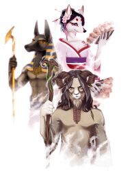  anthro anubian_jackal anubis asian_clothing beard belo4ka bovid canid canine canis caprine clothing collaboration deity east_asian_clothing egyptian_mythology facial_hair female fox fox_spirit gold_(metal) gold_staff group hand_fan hi_res horn jackal japanese_clothing kimono long_beard male mammal middle_eastern_mythology mythology nightgrowler sheep smile staff trio wooden_staff 