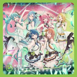  blonde_hair blue_hair blurry boots closed_eyes colorful_palette dress flower hair_ornament hanasato_minori hatsune_miku hinomori_shizuku kagamine_rin kiritani_haruka long_hair momoi_airi multiple_girls official_art one_eye_closed open_mouth pink_hair project_sekai short_hair sleeveless smile twintails 