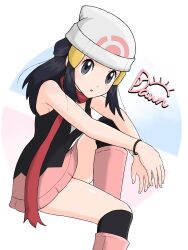  :o beanie black_hair black_shirt black_socks boots bracelet character_name commentary_request dawn_(pokemon) eyelashes female grey_eyes hair_ornament hairclip hat highres jewelry long_hair open_mouth pink_footwear pink_skirt pokemon pokemon_dppt red_scarf scarf shirt sidelocks skirt sleeveless sleeveless_shirt socks solo white_hat ya_mari_mo_3 