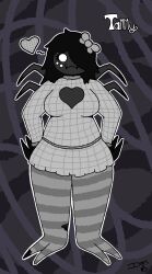  accessory anthro arachnid arthropod bottomwear bow_ribbon cleavage_cutout clothed clothing cutout dimsun fangs female fully_clothed hair_accessory hair_ribbon hairbow heart_symbol hi_res legwear monster_girl_(genre) ribbons skirt solo spider stockings sweater teeth topwear 