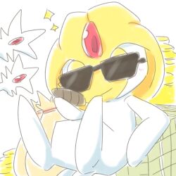  2020 ambiguous_gender chaba cigar eyewear feral generation_4_pokemon hi_res legendary_pokemon looking_at_viewer multicolored_body nintendo pokemon pokemon_(species) simple_background solo sparkles sunglasses two_tone_body uxie white_background white_body yellow_body 