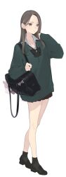  ama_mitsuki bag black_footwear black_skirt black_socks blue_bow blue_bowtie bow bowtie brown_eyes brown_hair collared_shirt female full_body green_sweater highres holding holding_bag loafers long_hair original school_bag school_uniform shirt shoes simple_background skirt socks solo standing sweater white_background white_shirt 