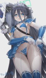  :d absurdres alternate_costume aris_(blue_archive) bikini black_hair blue_archive blue_bikini blue_choker blue_eyes blue_halo blue_skirt blush boots breasts carrying choker clothes_lift crown diadem dressing elbow_gloves female from_below gloves gun gun_on_back hair_between_eyes halo happy highres hip_focus lifting_own_clothes lin_jingling long_hair looking_at_viewer looking_down midriff miniskirt navel pale_skin pleated_skirt polka_dot polka_dot_bikini presenting railgun revealing_clothes side-tie_bikini_bottom skirt skirt_lift small_breasts smile solo swimsuit thigh_boots thigh_gap thighs tying tying_bikini tying_panties undressing untied_bikini_bottom untying very_long_hair weapon weapon_on_back white_gloves 