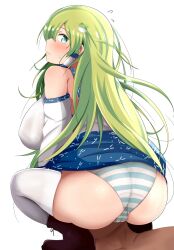  1boy ass bare_shoulders blush breasts cameltoe clothes_lift cowgirl_position cowgirl_position detached_sleeves female frog frog_hair_ornament green_eyes green_hair hair_ornament hair_tubes huge_ass kochiya_sanae large_breasts long_hair onaho_(otayoku) panties single_hair_tube sitting sitting_on_face sitting_on_person skirt skirt_lift straddling striped_clothes striped_panties thighhighs touhou underwear white_background white_thighhighs 