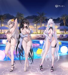  3girls aegir_(azur_lane) alternate_costume arm_behind_head arm_up azur_lane bikini breasts casual_one-piece_swimsuit center_opening choker cleavage comiket_104 commentary_request copyright_name elbow_gloves flower full_body gloves guchico hair_between_eyes hair_flower hair_ornament headgear high_heels holster horns innertube kearsarge_(azur_lane) logo long_hair looking_at_viewer manjuu_(azur_lane) multicolored_hair multiple_girls night night_sky off_shoulder official_alternate_costume official_art one-piece_swimsuit open_clothes open_shirt palm_tree partially_unzipped pool poolside side-tie_bikini_bottom sky strappy_heels streaked_hair string_of_light_bulbs swim_ring swimsuit taihou_(azur_lane) taihou_(seaside_daydreams)_(azur_lane) thigh_holster thigh_strap tree unzipping very_long_hair 