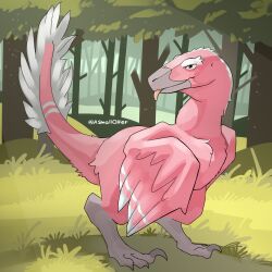  ambiguous_gender asmallotter bipedal_feral day detailed_background dinosaur dromaeosaurid extinct feathered_dinosaur feathered_scalie feathers feet feral forest grass hi_res light pink_body pink_feathers plant prehistoric_species reptile scalie signature solo sunlight tail talons theropod toes tongue tongue_out tree utahraptor 