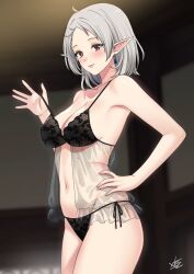  aged_up ahoge artist_name babydoll bare_arms bare_shoulders black_panties blurry blurry_background blush breasts brown_eyes cleavage closed_mouth commentary cowboy_shot earrings elf english_commentary female grey_hair hand_on_own_hip highres indoors jewelry legs_together light_smile lingerie long_pointy_ears looking_at_viewer mature_female medium_breasts medium_hair mushoku_tensei navel panties pointy_ears see-through side-tie_panties solo standing strap_pull sylphiette_(mushoku_tensei) underwear underwear_only xter 