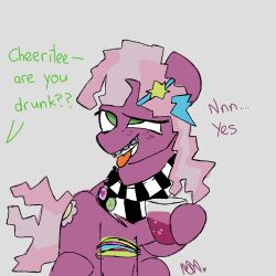  braces cheerilee_(mlp) drunk equid equine female friendship_is_magic green_eyes grey_background hasbro horse lynmutt mammal my_little_pony pony simple_background solo substance_intoxication tongue tongue_out 