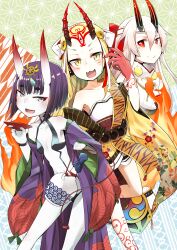  3girls absurdres bare_shoulders bead_belt blonde_hair blush bottle bow breasts collarbone colored_extremities cup dai_yasude dress eyeliner facial_mark fate/grand_order fate_(series) fire forehead forehead_mark hair_between_eyes hair_pulled_back hairbow headpiece highres horns ibaraki_douji_(fate) japanese_clothes kimono large_breasts long_hair long_sleeves looking_at_viewer makeup multiple_girls off_shoulder oni open_mouth purple_eyes purple_hair purple_kimono red_bow red_eyes red_hands red_horns revealing_clothes sakazuki sash short_hair shuten_douji_(fate) sidelocks skin-covered_horns small_breasts smile tattoo tomoe_gozen_(fate) white_dress white_hair wide_sleeves yellow_eyes yellow_kimono 