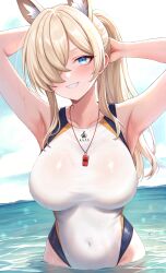  animal_ear_fluff animal_ears armpits arms_up blonde_hair blue_archive blue_eyes blue_sky breasts cloud covered_navel day dog_ears female grin highres kanna_(blue_archive) kanna_(swimsuit)_(blue_archive) large_breasts narijade one-piece_swimsuit sky slit_pupils smile solo swimsuit wading water whistle whistle_around_neck white_one-piece_swimsuit 