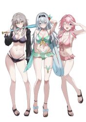  3girls alternate_costume arm_behind_head bare_arms bare_legs baseball_bat bikini black_jacket blue_eyes blush breasts cleavage closed_mouth collarbone firefly_(honkai:_star_rail) full_body grey_hair hair_between_eyes higashiwun_izumi highres holding holding_baseball_bat honkai:_star_rail honkai_(series) jacket large_breasts long_hair looking_at_viewer march_7th_(honkai:_star_rail) medium_breasts multiple_girls navel one_eye_closed open_mouth pink_hair sandals sidelocks simple_background smile standing stelle_(honkai:_star_rail) swimsuit toenails toes trailblazer_(honkai:_star_rail) white_background yellow_eyes 