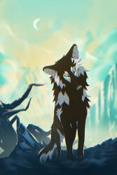  adult art2024 canid canine canis cold crescent_moon digital_media_(artwork) female feral freya full-length_portrait hi_res illustration ladscape mammal marmenuar moon mountain plant portrait rock rougarou solo sunset tree wolf 