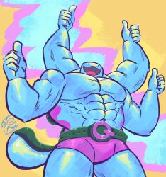  4_arms abs anthro belt blue_body clothing dot_eyes fusion generation_1_pokemon generation_2_pokemon gesture hand_gesture hi_res jasperthecrab machamp male multi_arm multi_limb muscular muscular_male nintendo open_mouth pecs pokemon pokemon_(species) pokemon_fusion purple_clothing purple_underwear quagsire solo tail thumbs_up underwear 