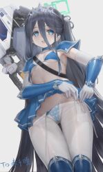  :d absurdres alternate_costume aris_(blue_archive) bikini black_hair blue_archive blue_bikini blue_choker blue_eyes blue_halo blue_skirt blush boots breasts carrying choker clothes_lift clothes_pull crown diadem dressing elbow_gloves female from_below gloves hair_between_eyes halo happy highres hip_focus lifting_own_clothes lin_jingling long_hair looking_at_viewer looking_down midriff miniskirt navel pale_skin pantyhose pantyhose_pull pleated_skirt polka_dot polka_dot_bikini presenting railgun revealing_clothes see-through side-tie_bikini_bottom skirt skirt_lift small_breasts smile solo swimsuit thigh_boots thigh_gap thighs tying tying_bikini tying_panties undressing untied_bikini_bottom untying very_long_hair weapon weapon_on_back white_gloves white_pantyhose 