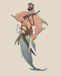  1boy bara david_ardinaryas dual_wielding fighting_stance gills gun hairy highres holding holding_gun holding_weapon large_pectorals male_focus mature_male merman mermay_2017 monster_boy muscular muscular_male nipples original pectorals ready_to_draw shark_boy shark_fin sheath sheathed solo sparse_arm_hair sparse_chest_hair sparse_navel_hair sword sword_behind_back tachi-e thick_eyebrows too_many_weapons tsurime weapon 