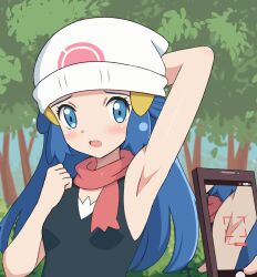  1boy arm_behind_head armpits beanie black_shirt blue_eyes blush bush clenched_hand commentary_request dawn_(pokemon) day eyelashes female hair_ornament hairclip hand_up hat highres holding holding_phone long_hair open_mouth outdoors phone pokemon pokemon_(anime) pokemon_dppt_(anime) presenting_armpit scarf shirt sidelocks sleeveless sleeveless_shirt taking_picture tree try200277 white_hat 