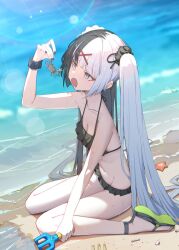  animal aqua_hair bare_shoulders beach bikini black_bikini black_hair blush breasts cleavage collarbone crab crustacean day female frilled_bikini frills grey_eyes hair_ornament hair_scrunchie highres hukahire0120 long_hair multicolored_hair navel ocean open_mouth original outdoors sandals scrunchie seashell shell sitting small_breasts solo starfish swimsuit twintails two-tone_hair wariza x_hair_ornament 