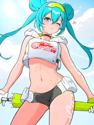  aqua_hair arm_tattoo bare_shoulders black_choker black_shorts blowing_kiss blue_sky choker cloud cloudy_sky commentary contrail cropped_hoodie day double_bun eyewear_on_head female floating_hair from_below glasses gloves goodsmile_racing green_gloves green_umbrella hair_between_eyes hair_bun hatsune_miku head_tilt heart highres holding holding_umbrella hood hood_down hoodie leg_tattoo light_blush long_hair micro_shorts midriff navel official_alternate_costume official_alternate_hairstyle one_eye_closed outdoors pouch print_hoodie racing_miku racing_miku_(2022) racing_miku_(2022_tropical_ver.) shorts sidelocks sky sleeveless sleeveless_hoodie tan tattoo twintails two-tone_gloves umbrella uzuki_sena vocaloid white_gloves white_hoodie 