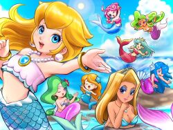  6+girls aqua_hair aqualea_(wario&#039;s_woods) blonde_hair blue_hair bracelet breasts cleavage company_connection crossover densetsu_no_stafy donkey_kong_(series) donkey_kong_64 eyeshadow fins green_hair head_fins jewelry makeup mario_(series) meidou_(wario&#039;s_woods) mermaid mermaid_(donkey_kong_64) mermaid_(link&#039;s_awakening) mermaid_(starfy) mermaid_peach monster_girl multiple_crossover multiple_girls nathia_(panel_de_pon) necklace neris_(panel_de_pon) nintendo ocean panel_de_pon pink_hair princess_peach princess_peach:_showtime! rock shell shell_bikini suruga_kanade the_legend_of_zelda the_legend_of_zelda:_link&#039;s_awakening trait_connection wario&#039;s_woods water waves 